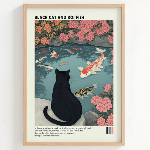 Tableau Décoration Murale – Black Cat & Koi Fish – Étang Japonais Zen Kivura Shop