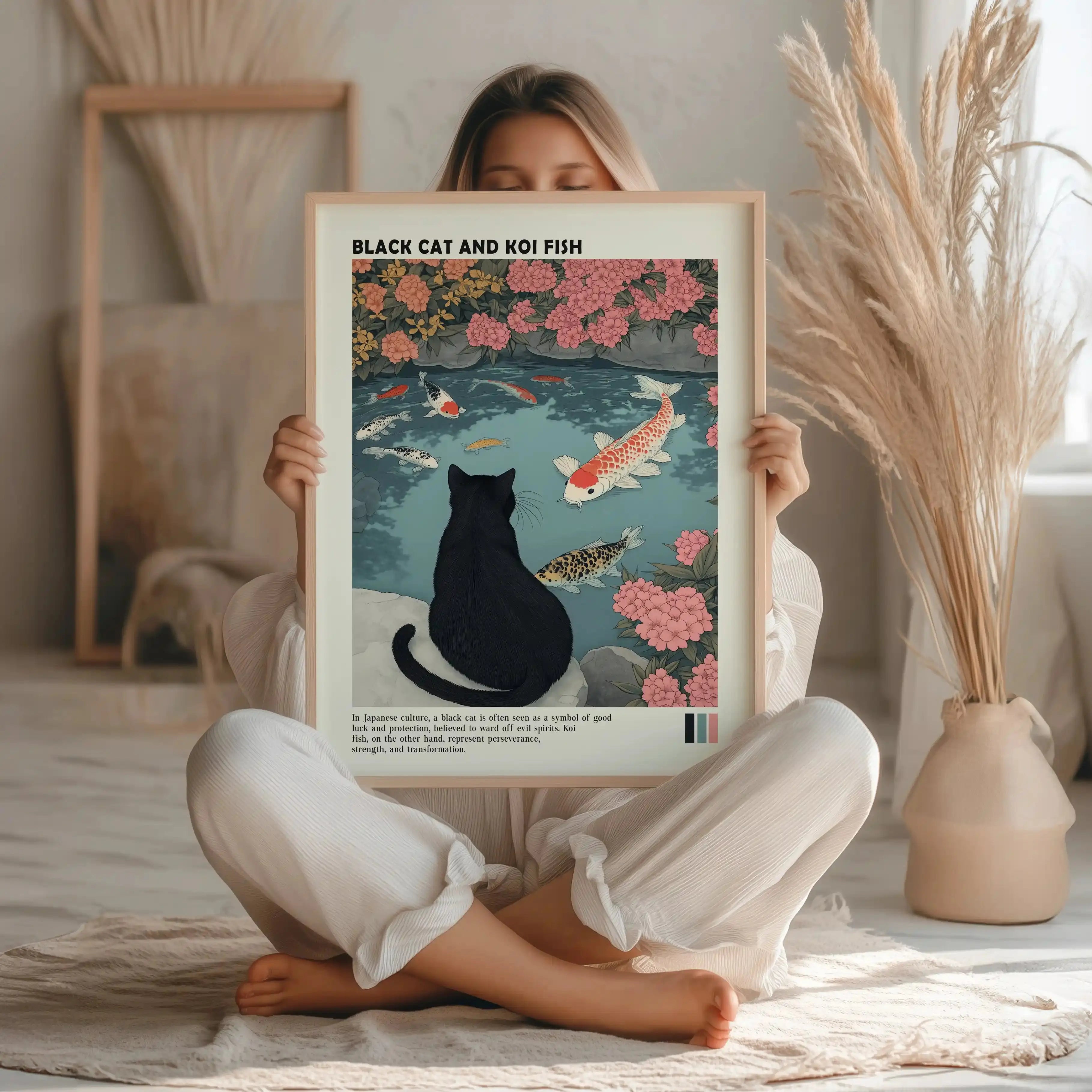 Tableau Chat Noir & Carpes Koi – Étang Japonais Zen – Art Mural Japonais Kivura Shop