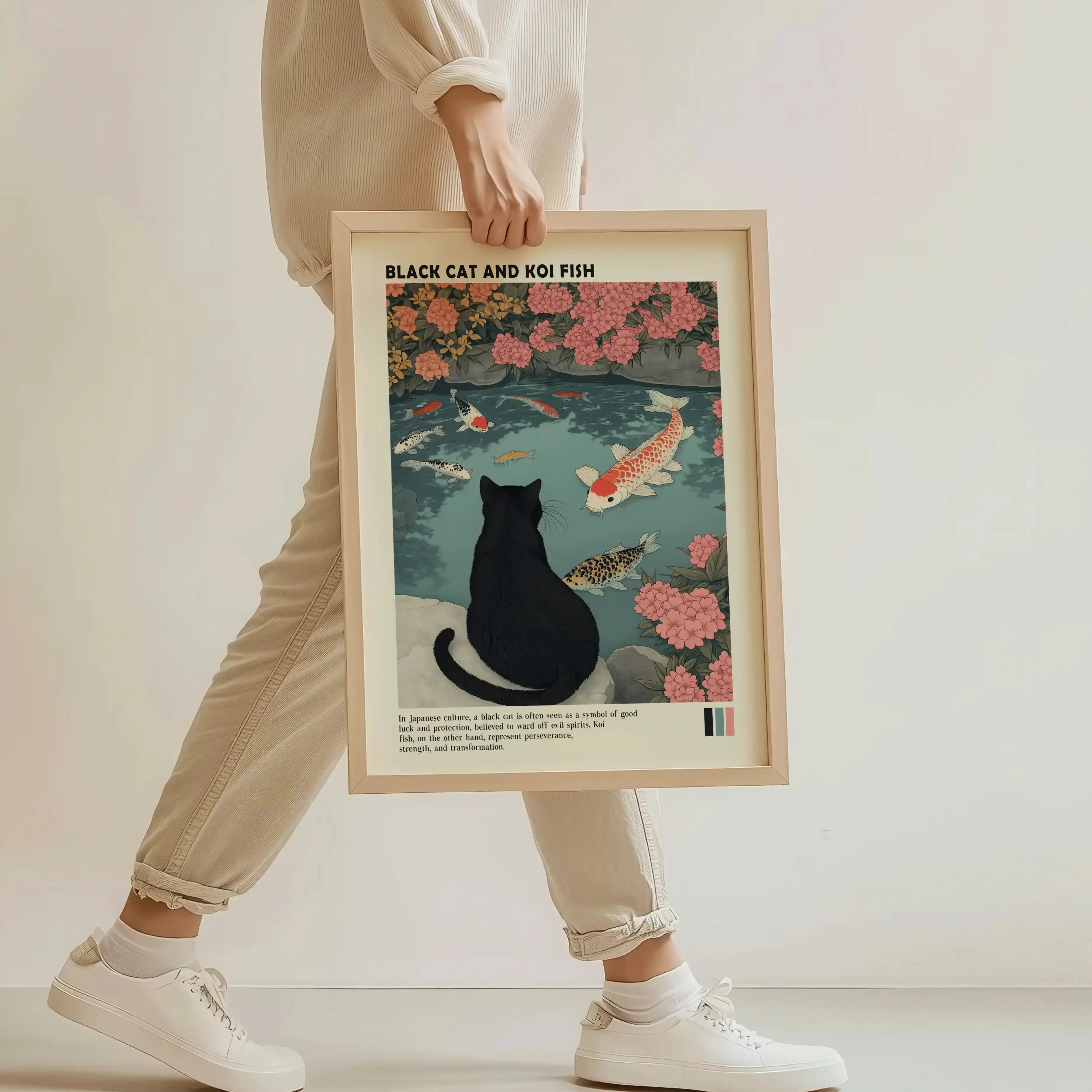 Tableau Chat Noir & Carpes Koi – Étang Japonais Zen – Art Mural Japonais Kivura Shop