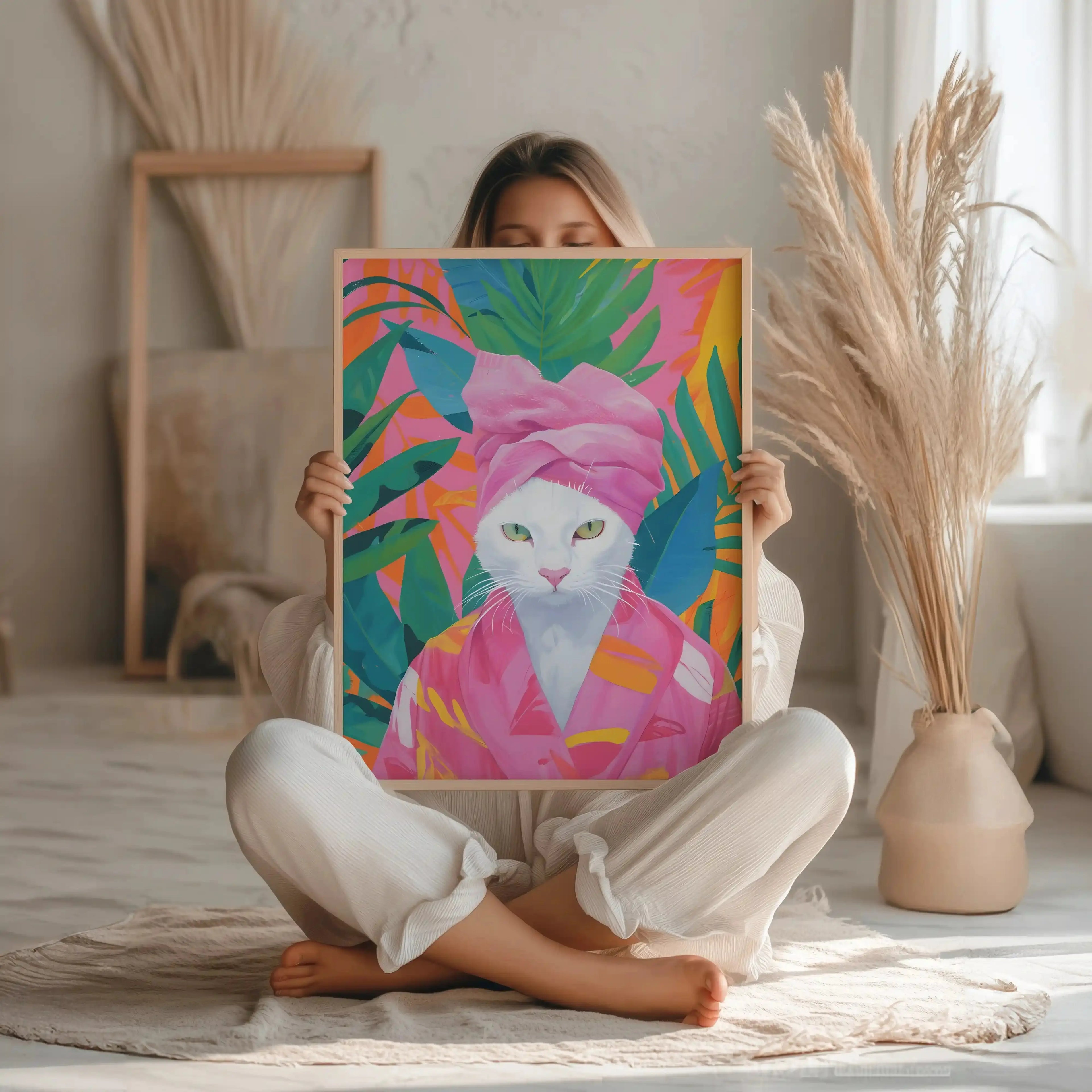 Tableau Chat Blanc Tropical – Pop Art Moderne et Coloré Kivura Shop