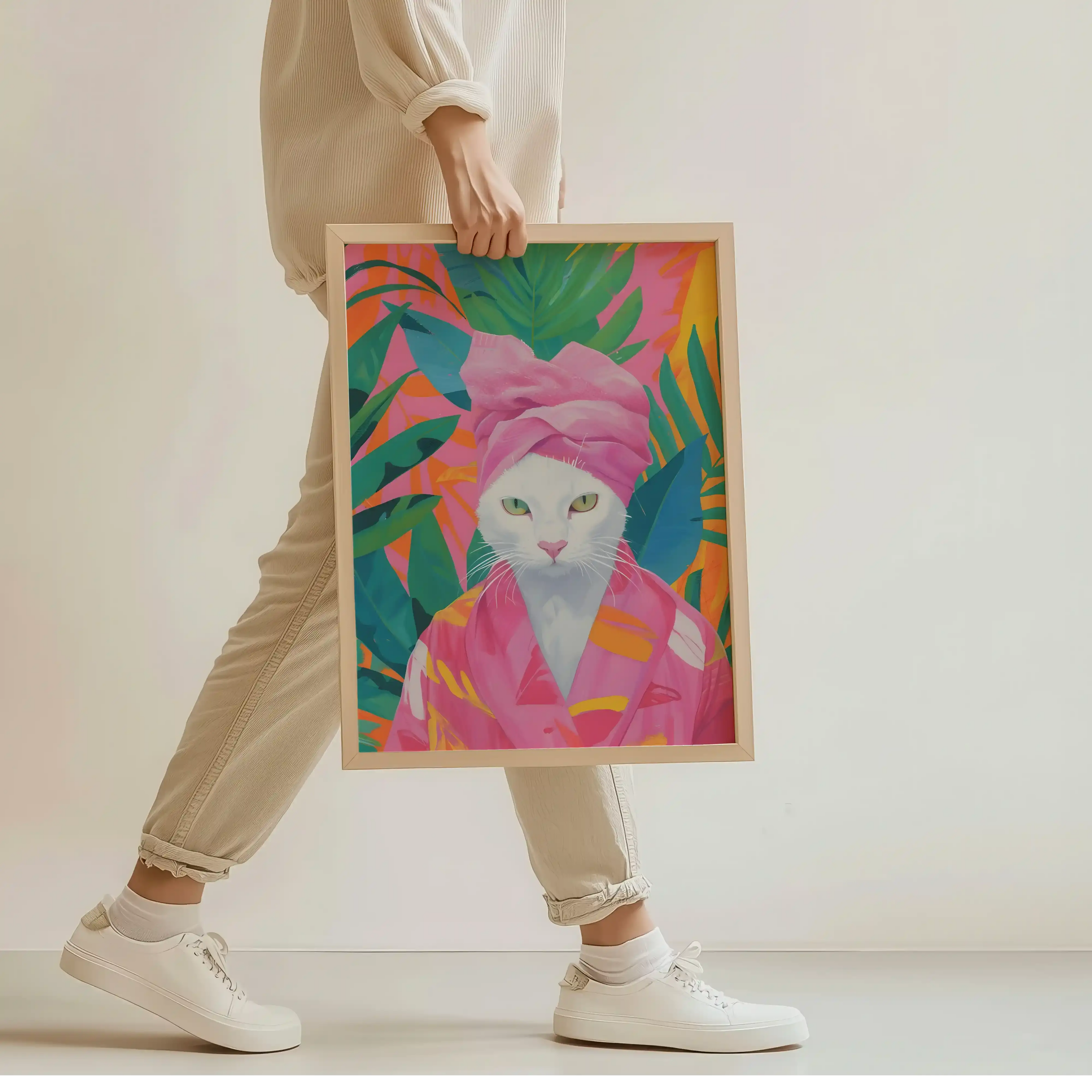 Tableau Chat Blanc Tropical – Pop Art Moderne et Coloré Kivura Shop