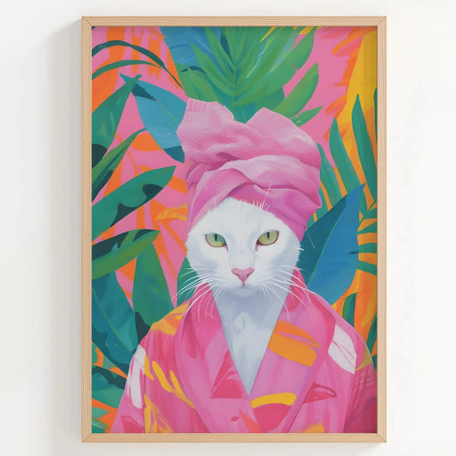 Tableau Chat Blanc Tropical – Pop Art Moderne et Coloré Kivura Shop